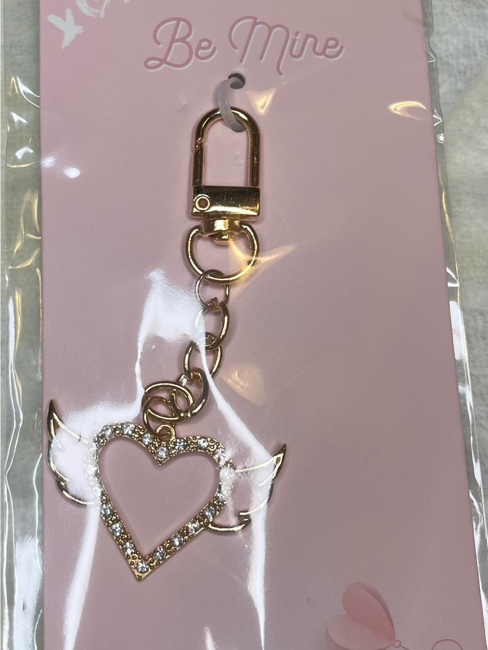 Be mine Gold Rhinestone Angel Winged Heart Keychain Bag Charm